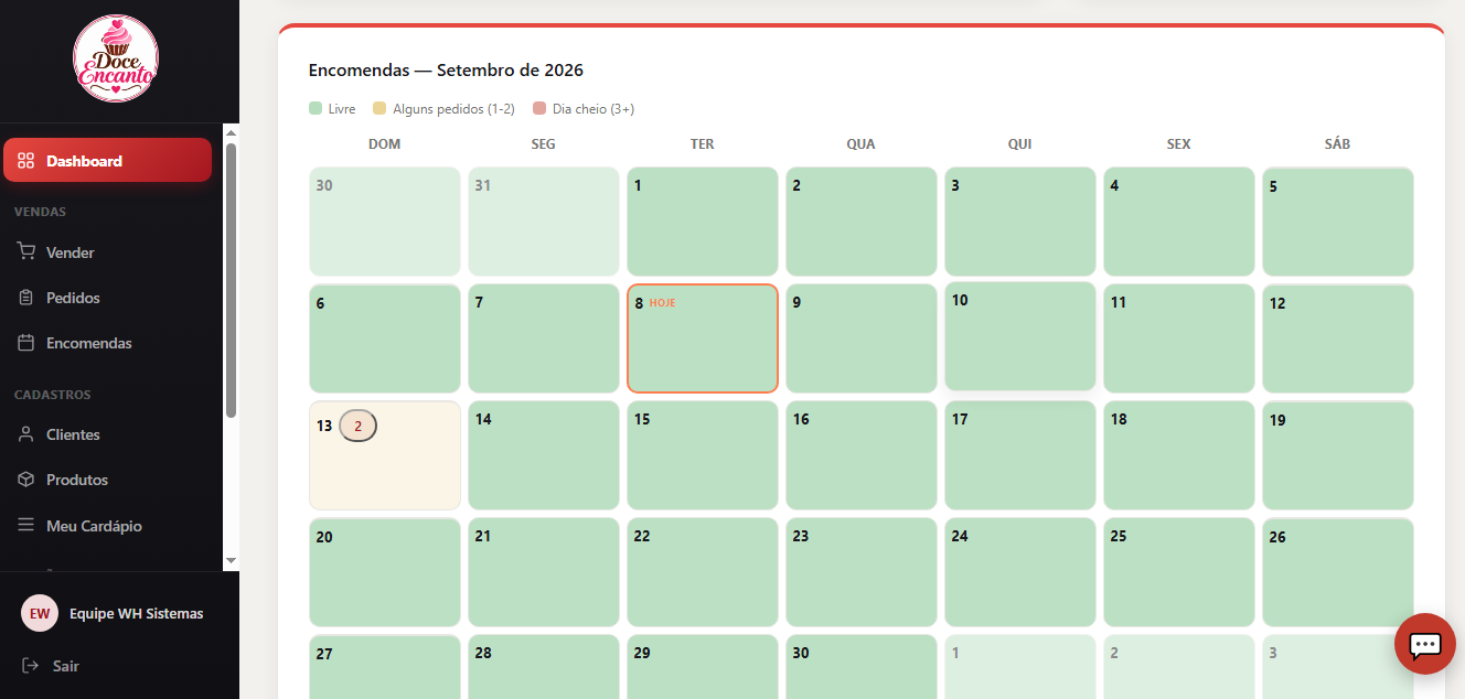 Calendário de encomendas do WH Sistemas com dias livres, com pedidos e cheios